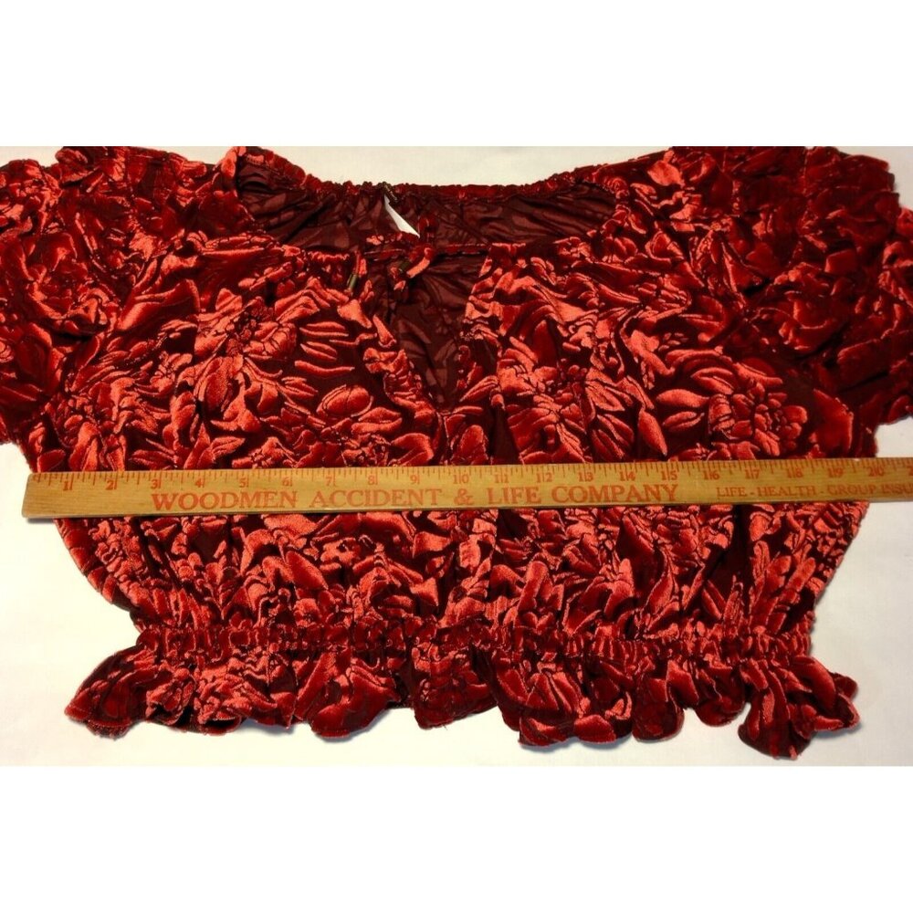 Free People Velveteen Dream Shirt S Red Floral Velour Crop Peasant Ruffle V Neck - Picture 10 of 16